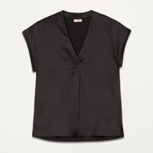 Oltre - Camiseta bimateria con cuello de pico - Negro