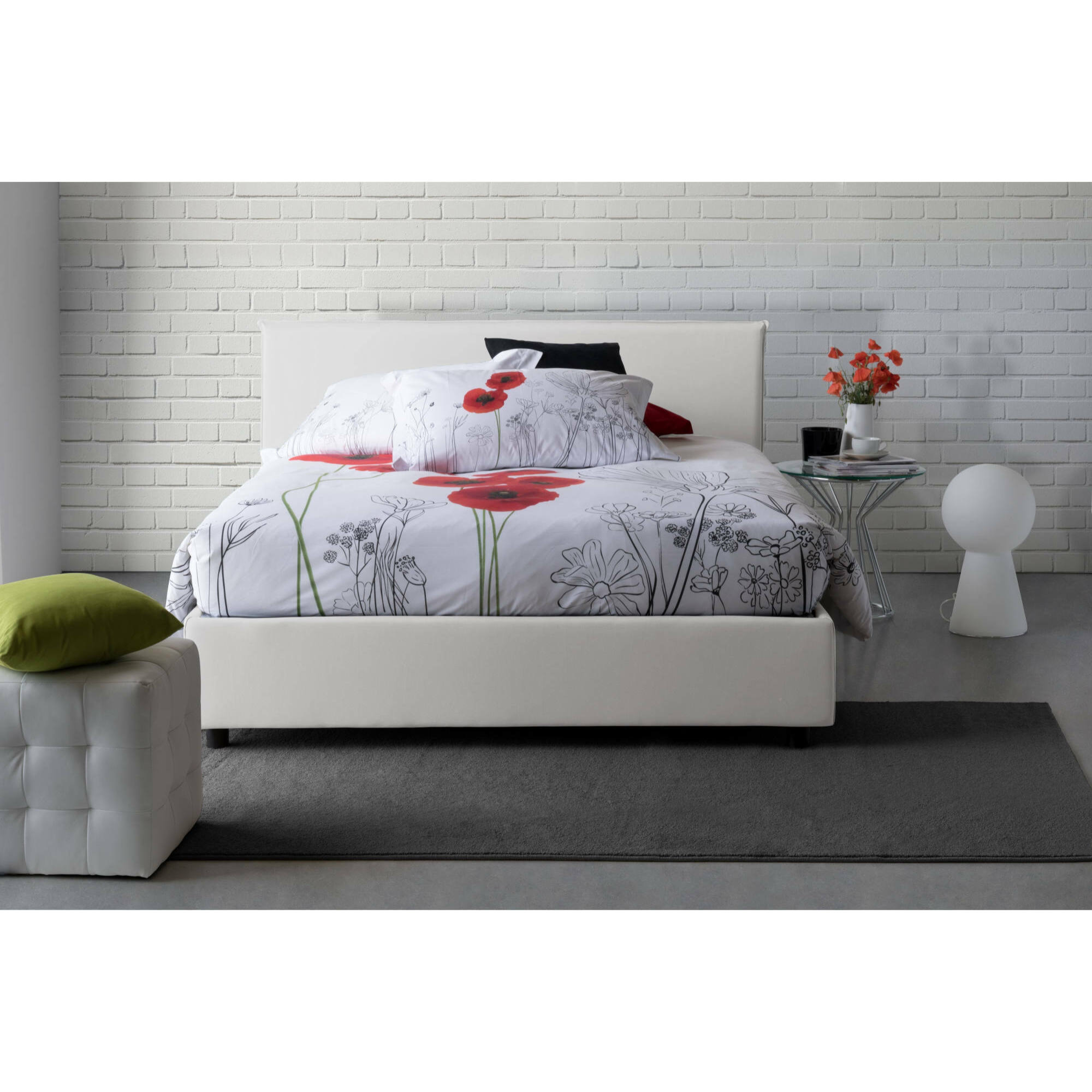 Letto matrimoniale Ariadni, Letto contenitore con rivestimento in tessuto, 100% Made in Italy, Apertura frontale, con materasso Cm 160x200 incluso, Bianco