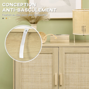 Buffet 2 portes cannage rotin avec étagère piètement acier noir poignées bois pin aspect chêne clair