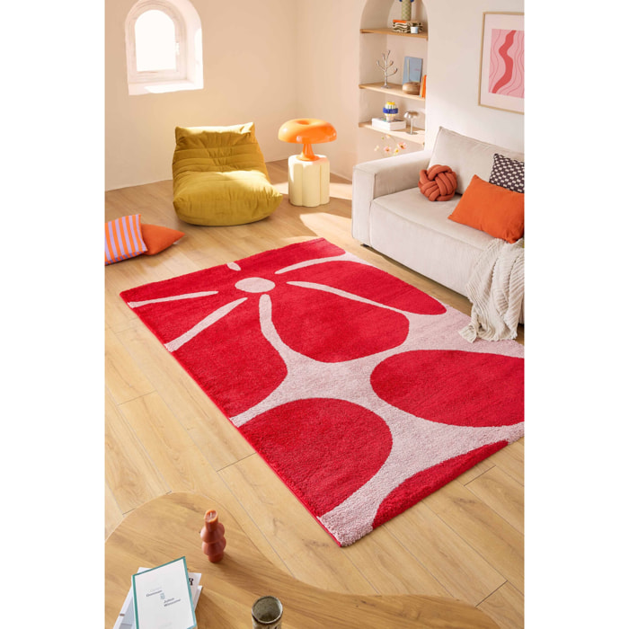 GROOVY - Tapis rétro coloré à motif fleur - Confortable et moelleux - Rouge