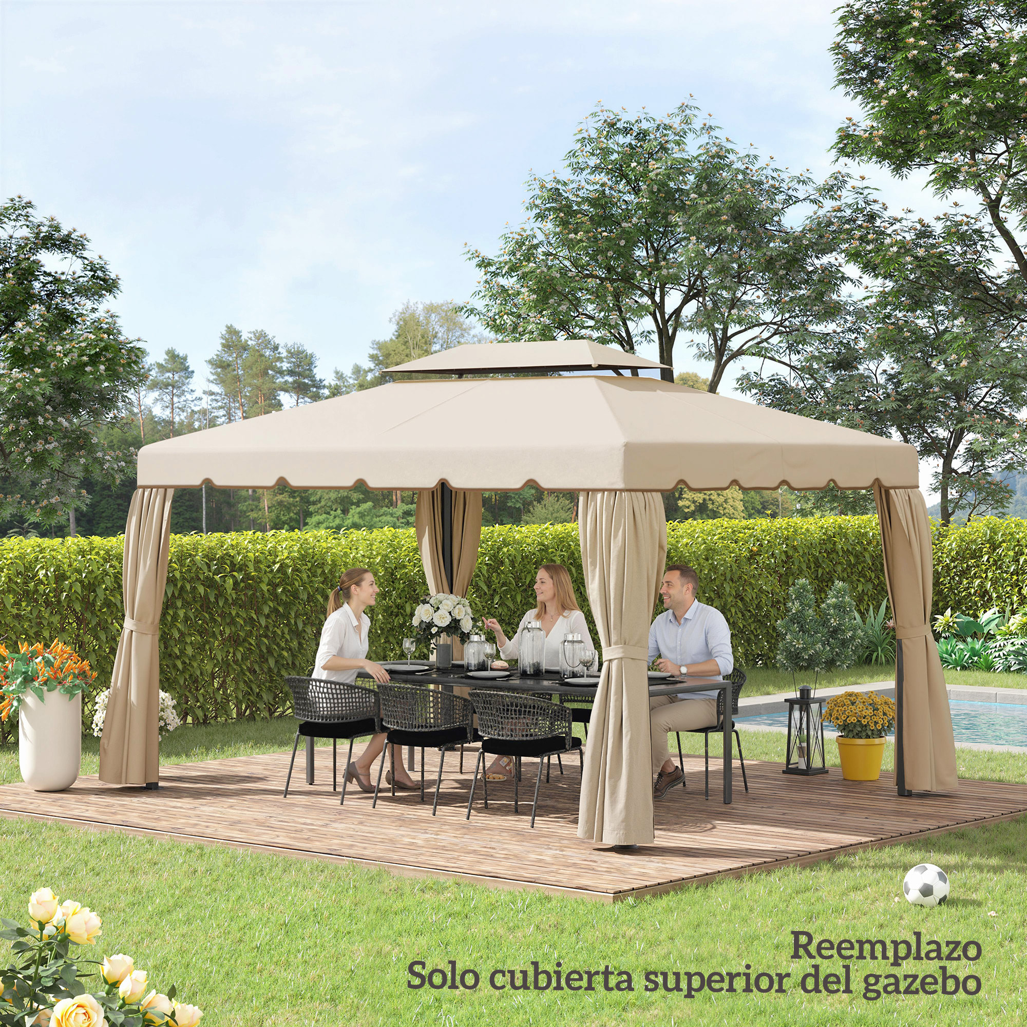 Techo de Repuesto para Cenador, 4x3 m, Cubierta de Repuesto con Doble Techo, 8 Orificios de Drenaje, SOLO Toldo de Recambio para Pabellón Gazebo, Beige