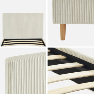 Lit avec sommier à lattes et tête de lit. L 202 x P 96 x H 88cm. blanc. finition velours côtelé (grosse côte)