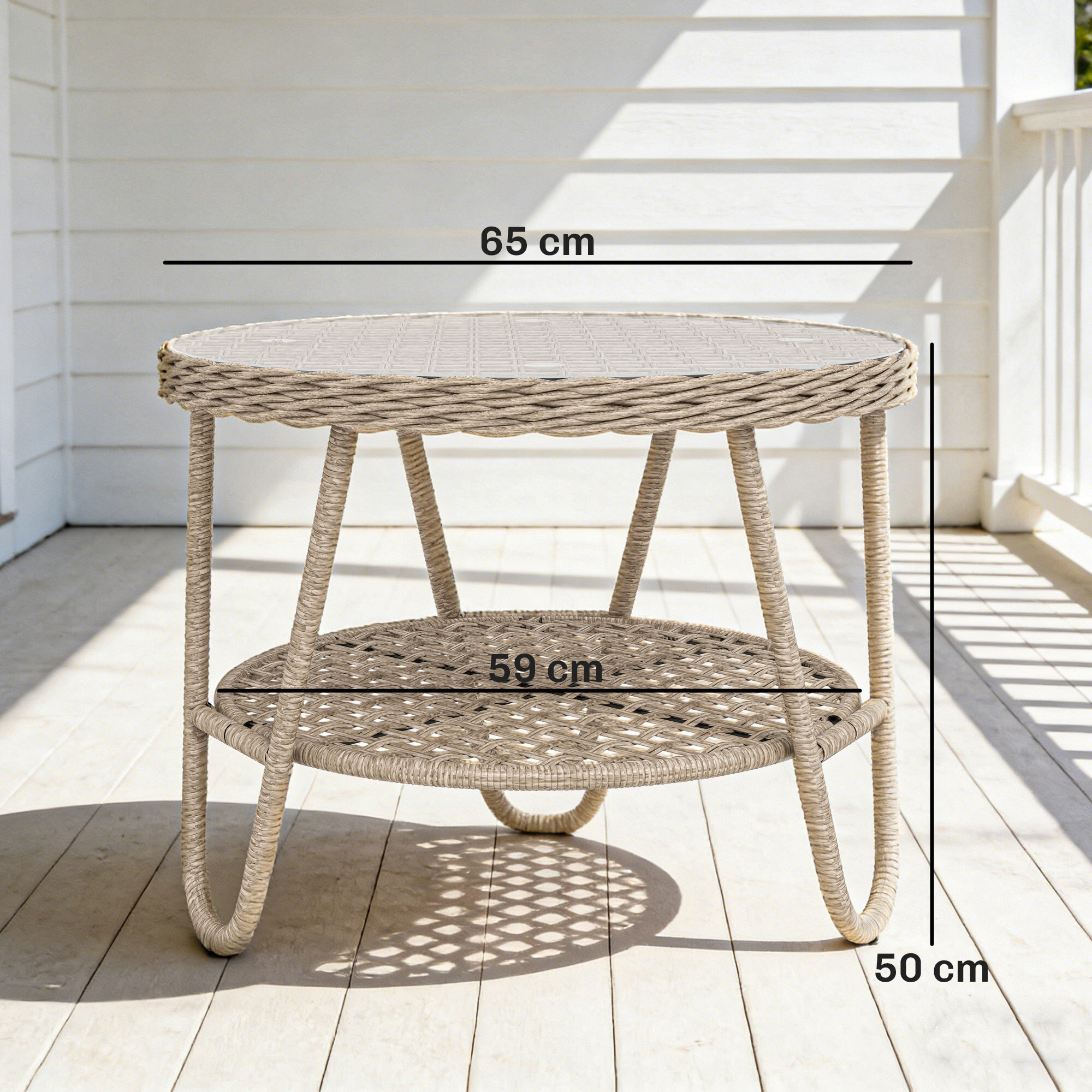 Mesa de Jardín Exterior de Ratán, Mesita Auxiliar de Jardín con Estante, Tablero de Vidrio Templado, Estructura de Metal, para Terraza, Patio, Balcón, 65x65x50 cm, Amarillo