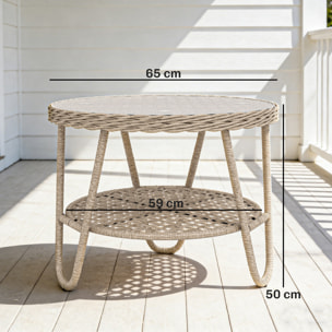 Mesa de Jardín Exterior de Ratán, Mesita Auxiliar de Jardín con Estante, Tablero de Vidrio Templado, Estructura de Metal, para Terraza, Patio, Balcón, 65x65x50 cm, Amarillo