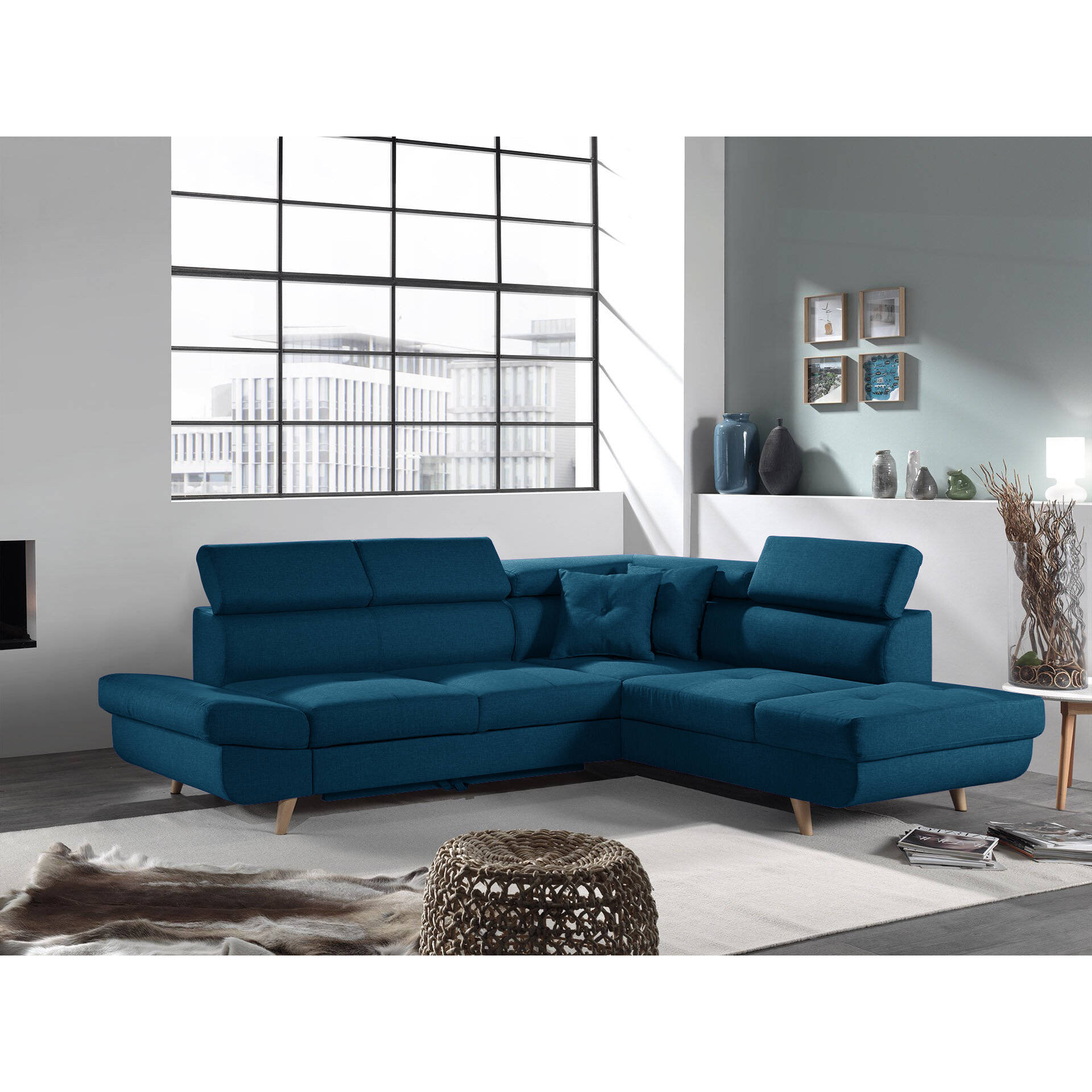 Linea - Canapé d'angle droit convertible - 5 places - avec têtières - Bleu canard