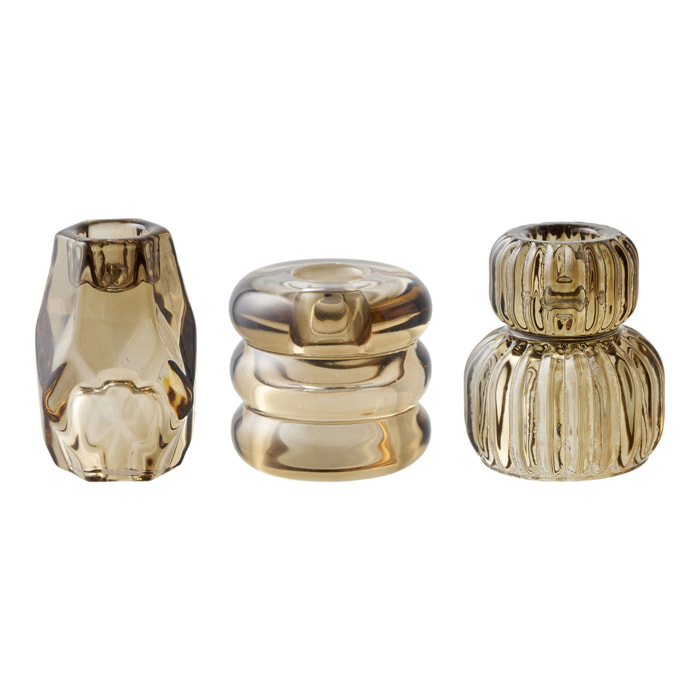 Set 3 portacandele in vetro fumé marrone dorato — forme assortite