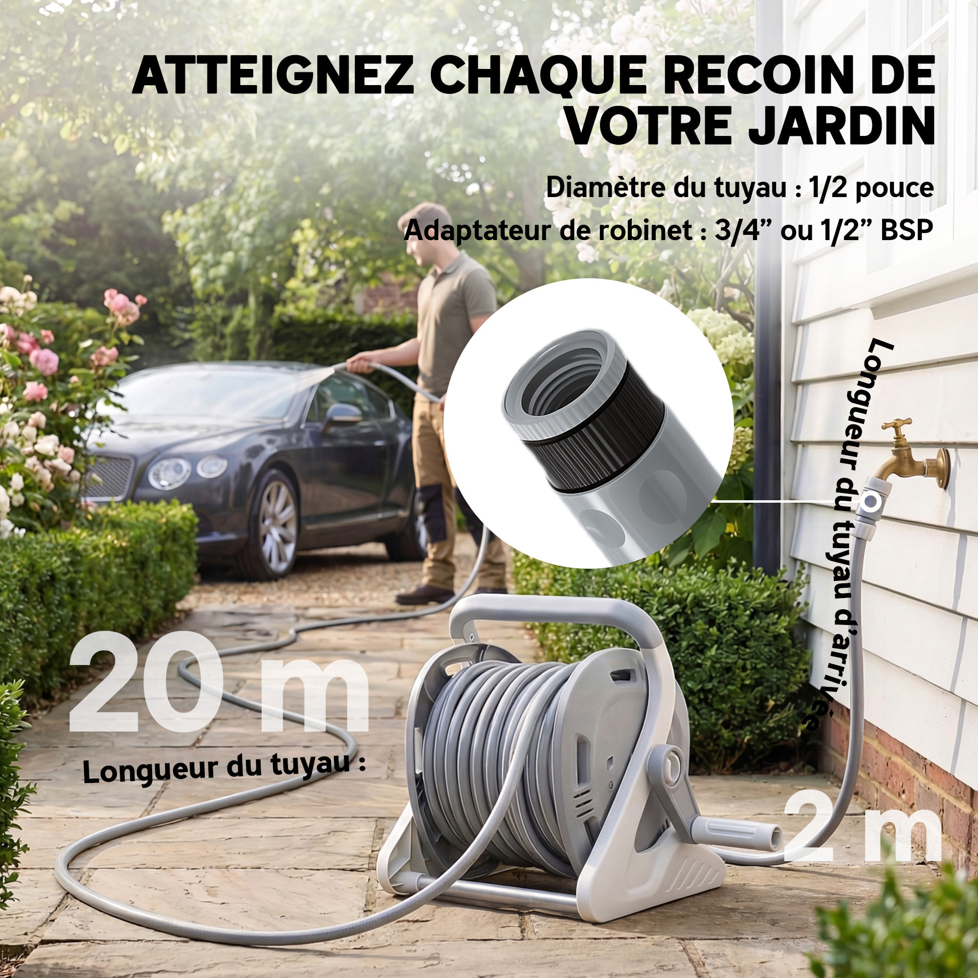Dévidoir mural portable 2 en 1 enrouleur auto tuyau 20+2m lance arrosage 2 modes