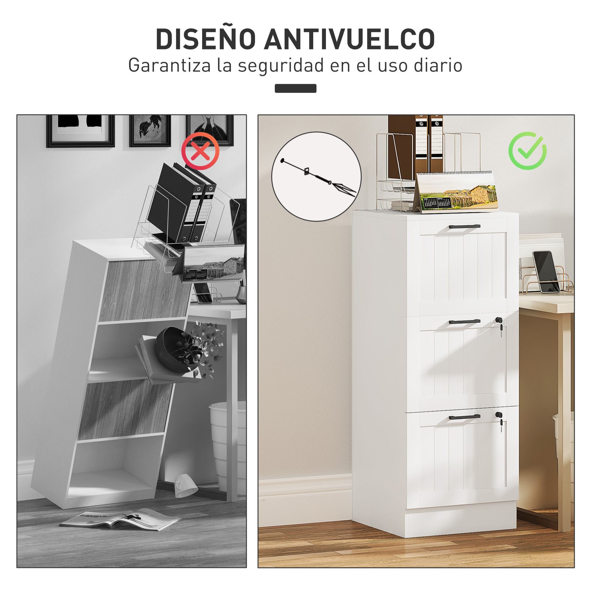 Cajonera de Oficina Mueble Archivador con 3 Cajones Cajonera para Escritorio con Cerraduras Carpetas Suspendidas para A4 y Carta 40x40x101 cm Blanco