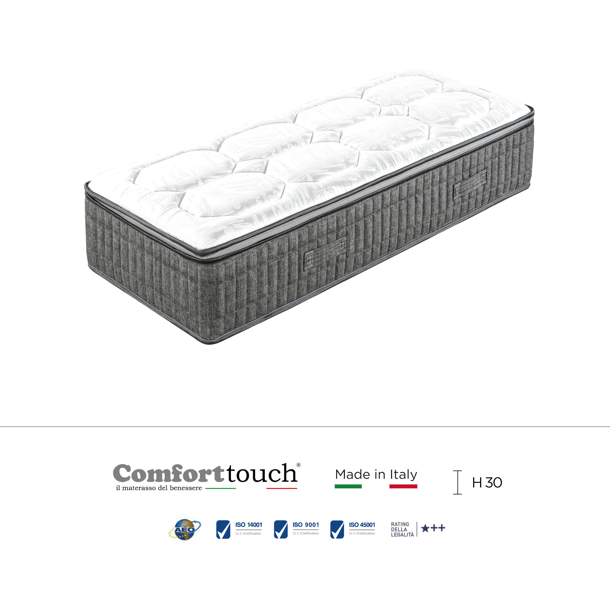 "Diamond" H30 cm 80x190 guanciale Memory OMAGGIO a molle insacchettate e 4cm memory Gel