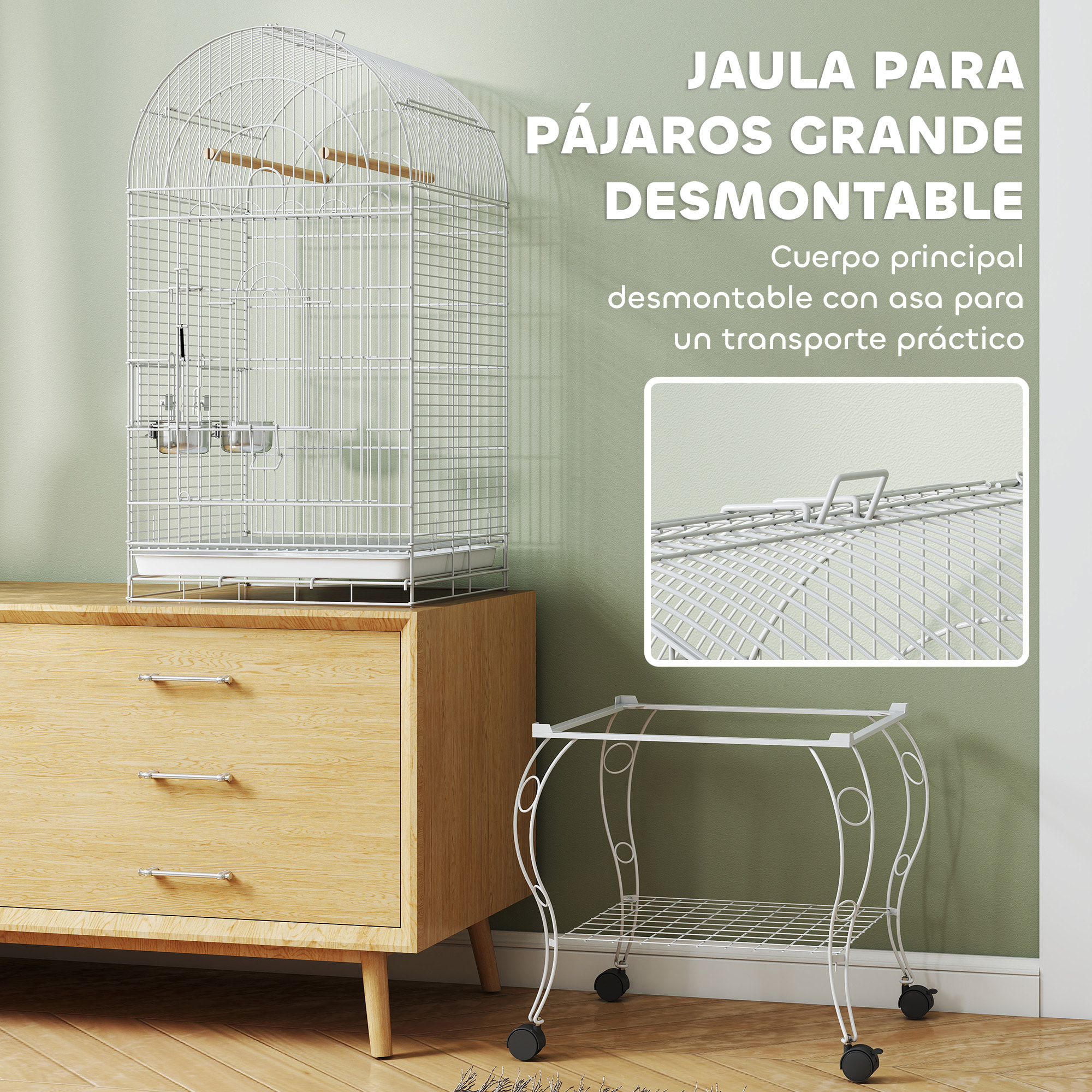 Jaula para Pájaros con Ruedas y Estante, 51x51x153 cm, Jaula Grande con Parte Superior Abatible, 2 Comederos, 2 Perchas, 4 Puertas y Bandeja Extraíble, para Loros y Canarios, Blanco
