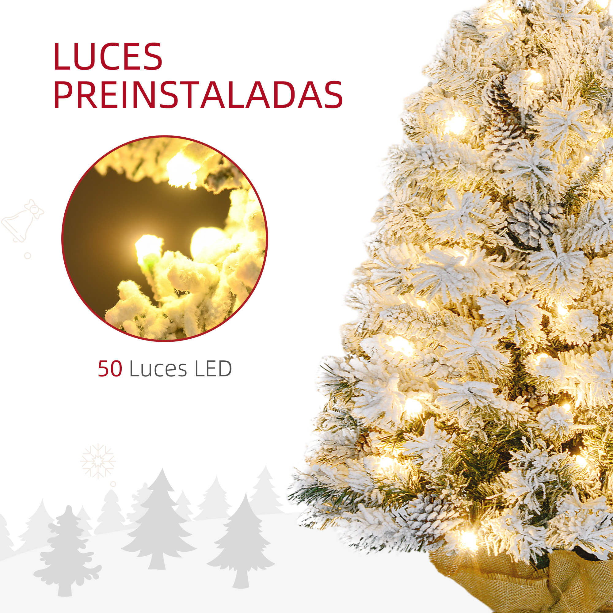 Árbol de Navidad 90 cm Árbol de Navidad Artificial Nevado con 50 Luces LED 133 Ramas 14 Piñas y Soporte de Metal Árbol Navideño para Salón Interior Verde