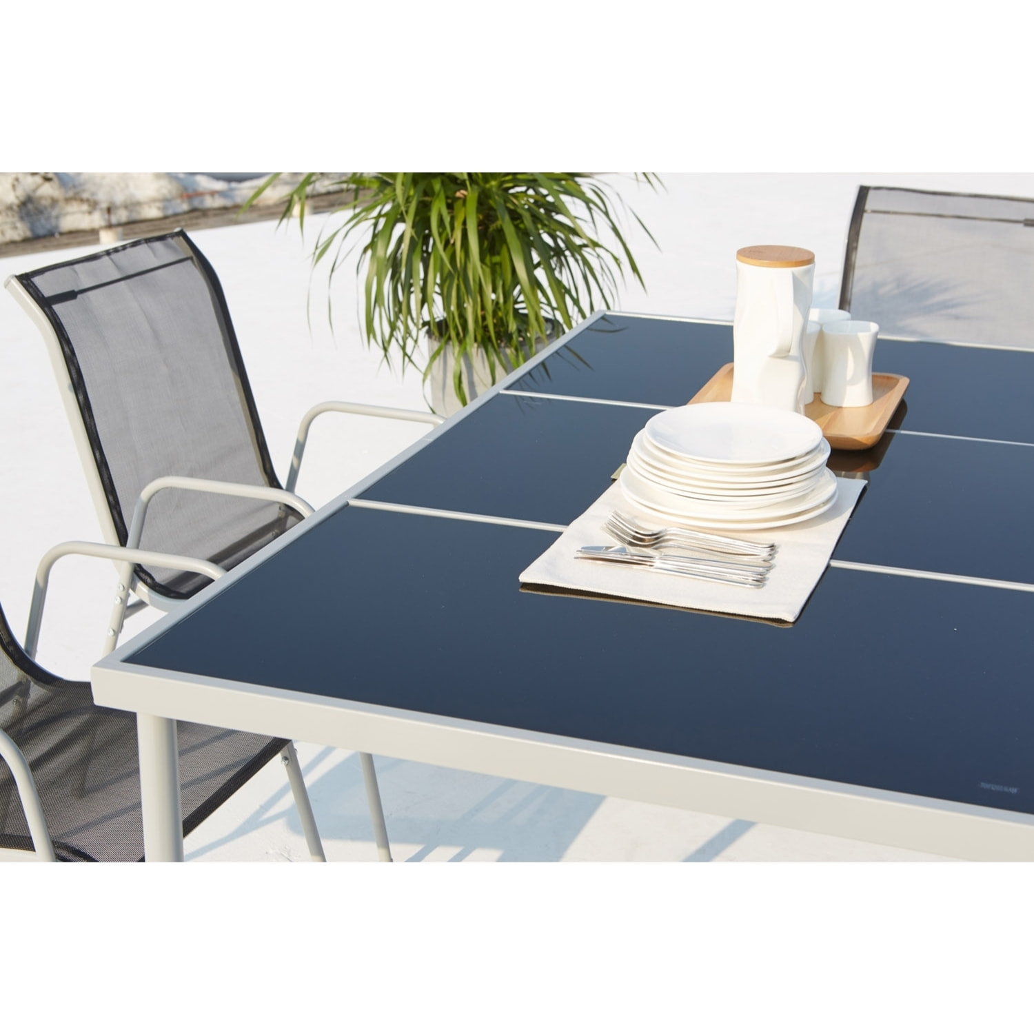 Table de jardin et 6 chaises en acier et toile PVC gris ATIMA