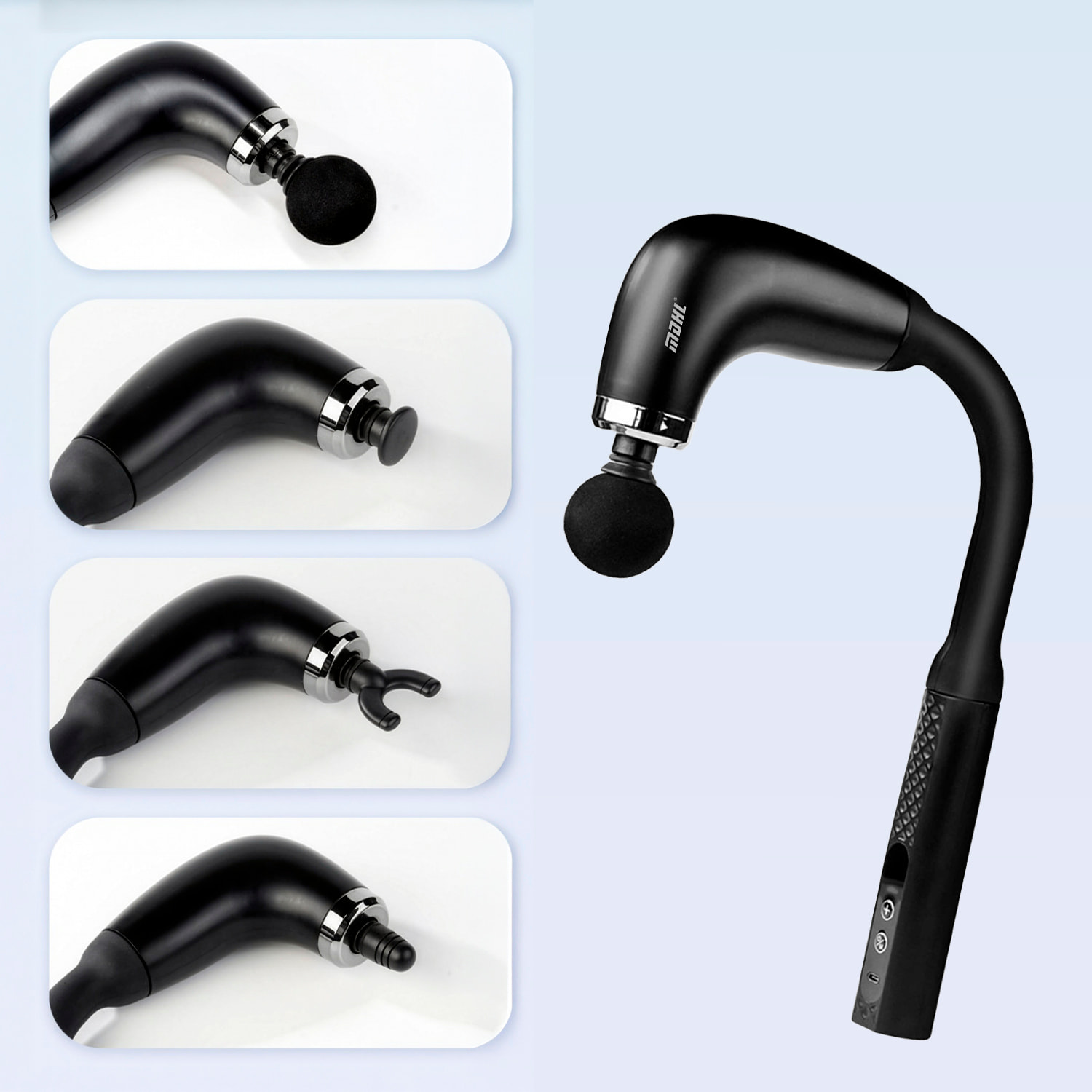 Pistola de masaje fascia MD-KK-26 con 9 programas y 9 velocidades, batería de 1600 mAh. Incluye 4 cabezales intercambiables.
