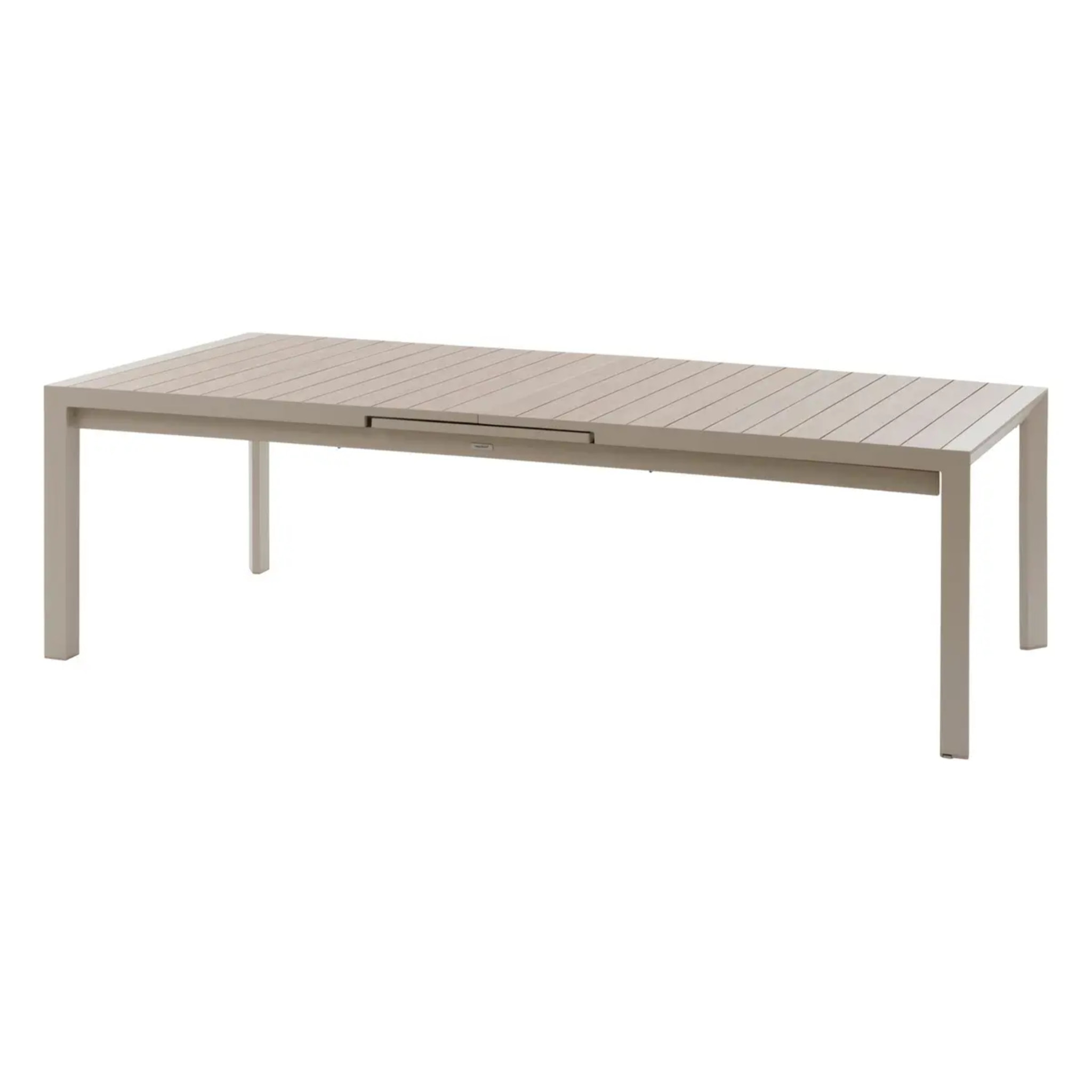 Table de jardin extensible "Évasion" effet bois lin & argile 14 places lates en aluminium