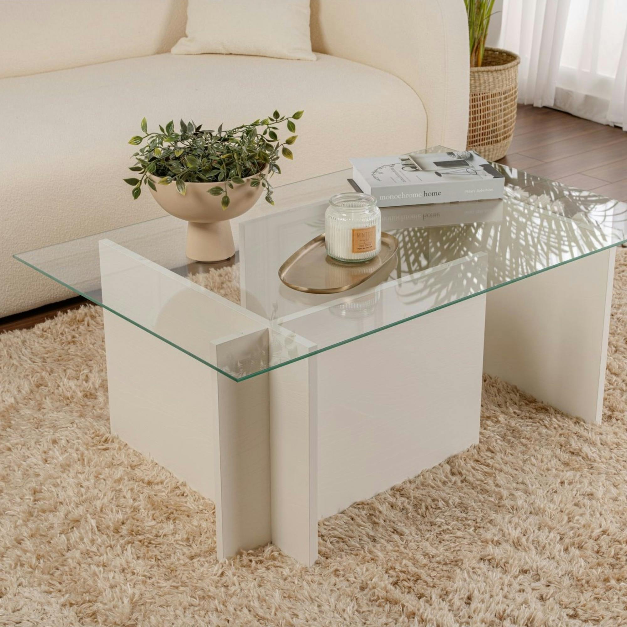 Table basse verre déstructurée – effet bois blanc, H.40 cm SALTA