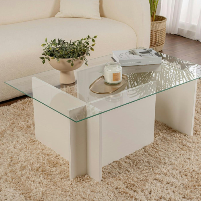 Table basse verre déstructurée – effet bois blanc, H.40 cm SALTA