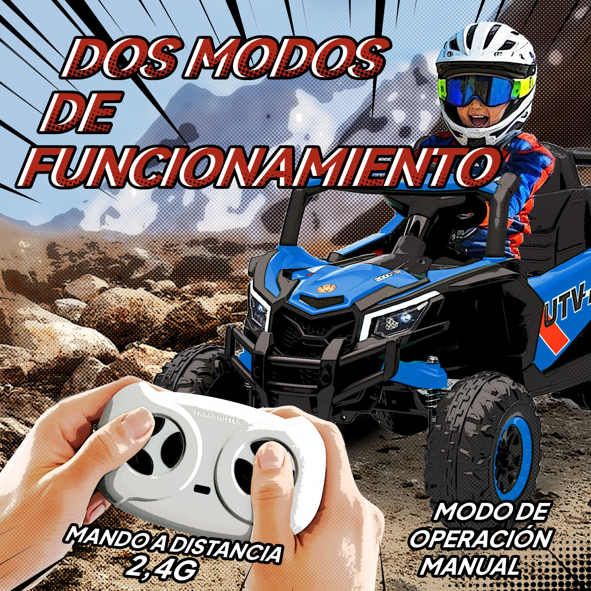 Coche Eléctrico para Niños 12V, Coche de Batería UTV con 2 Motores, Control Remoto 2,4G, Velocidad hasta 7 km/h, Sistema de Suspensión, Faros, USB, para Niños de +3 Años, Azul