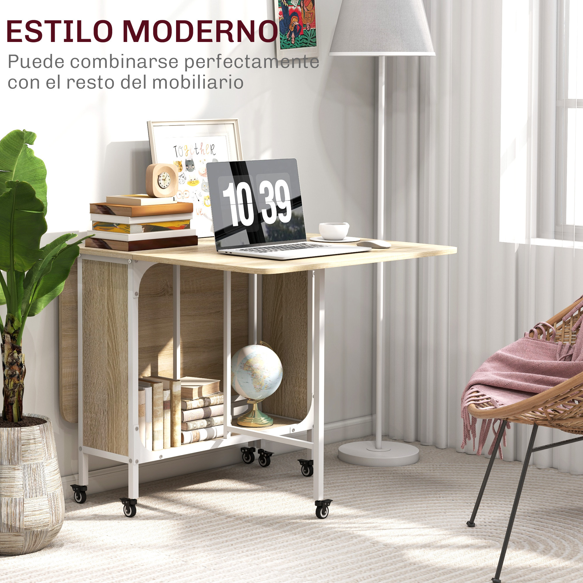 Mesa Plegable de Comedor Mesa de Cocina Plegable con Ruedas Alas Abatibles y Estante Mesa Plegable para Salón 130x80x74 cm Madera Natural