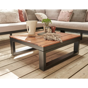 Salome - salon bas de jardin 5 places + table - modulable - bois, métal et coussins beiges - Noir, bois et beige