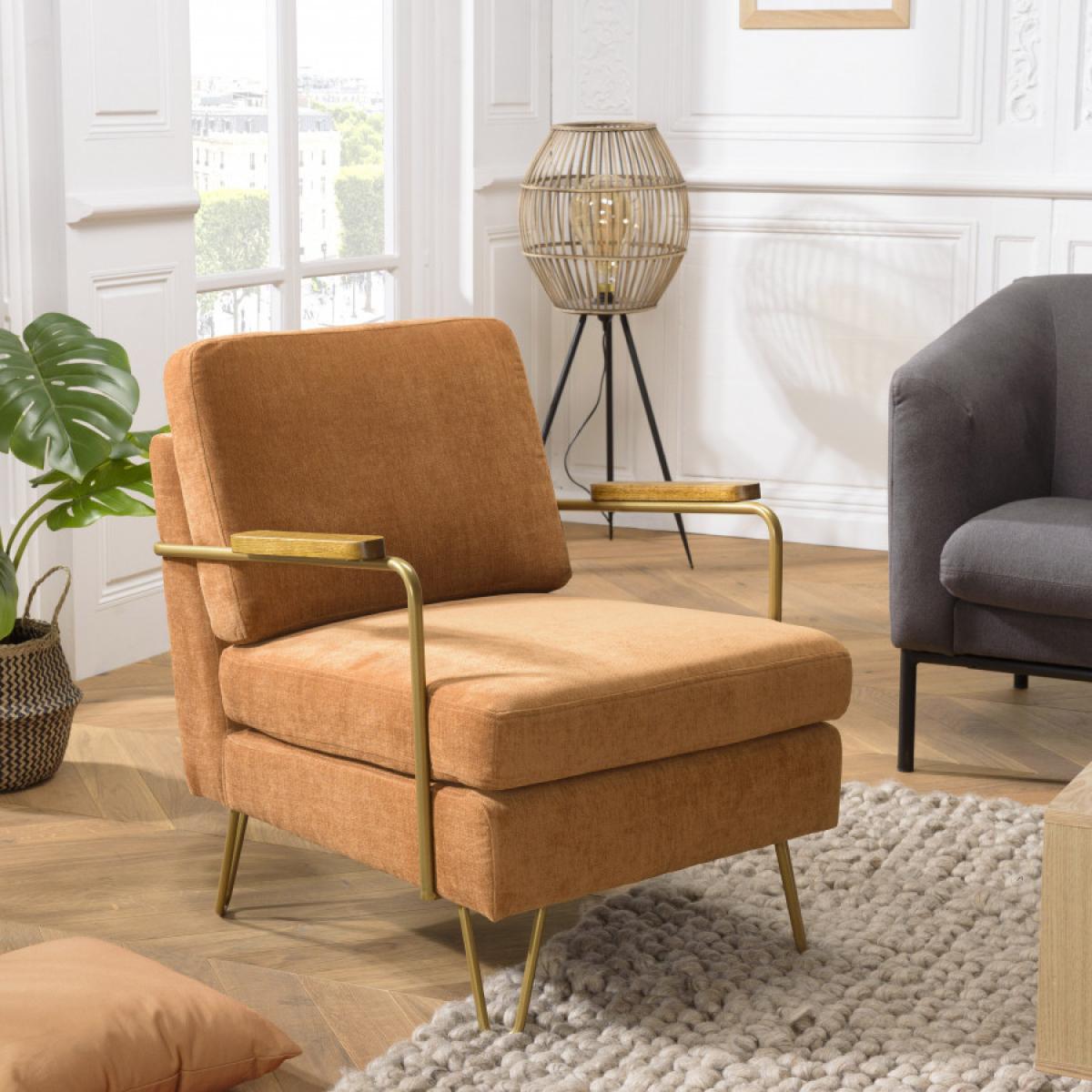 ALBANE - Fauteuil lounge tissu orange métal doré accoudoirs bois