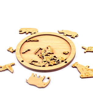Puzzle doppio e telaio in legno con 34 + 20 pezzi. Design Terra e animali.