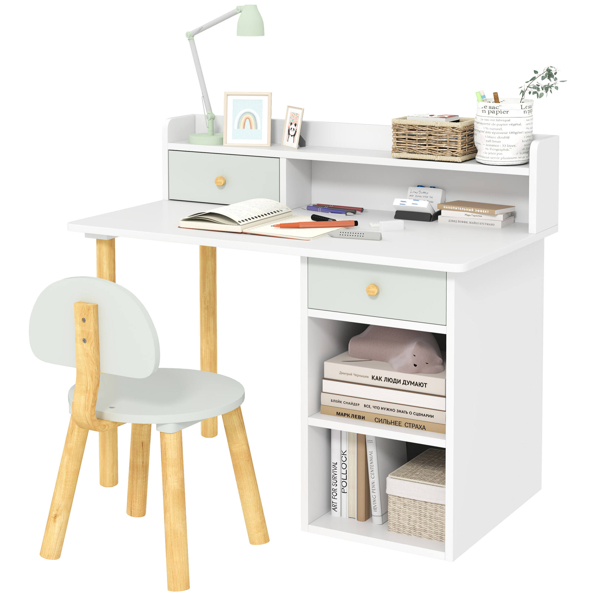 Juego de Escritorio y Silla para Niños de +3 Años Pupitre Infantil con Cajones Compartimento y Estantes para Dormitorio Sala Estudio Verde y Blanco