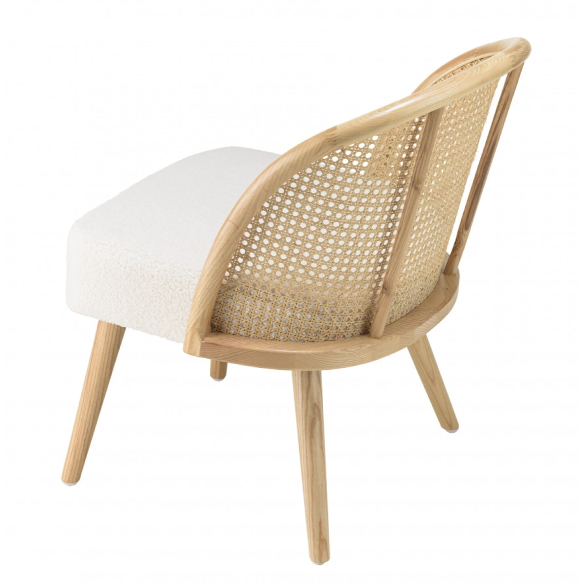 ALBANE- Chaise basse Hévéa assise tissu bouclette blanc dossier rotin