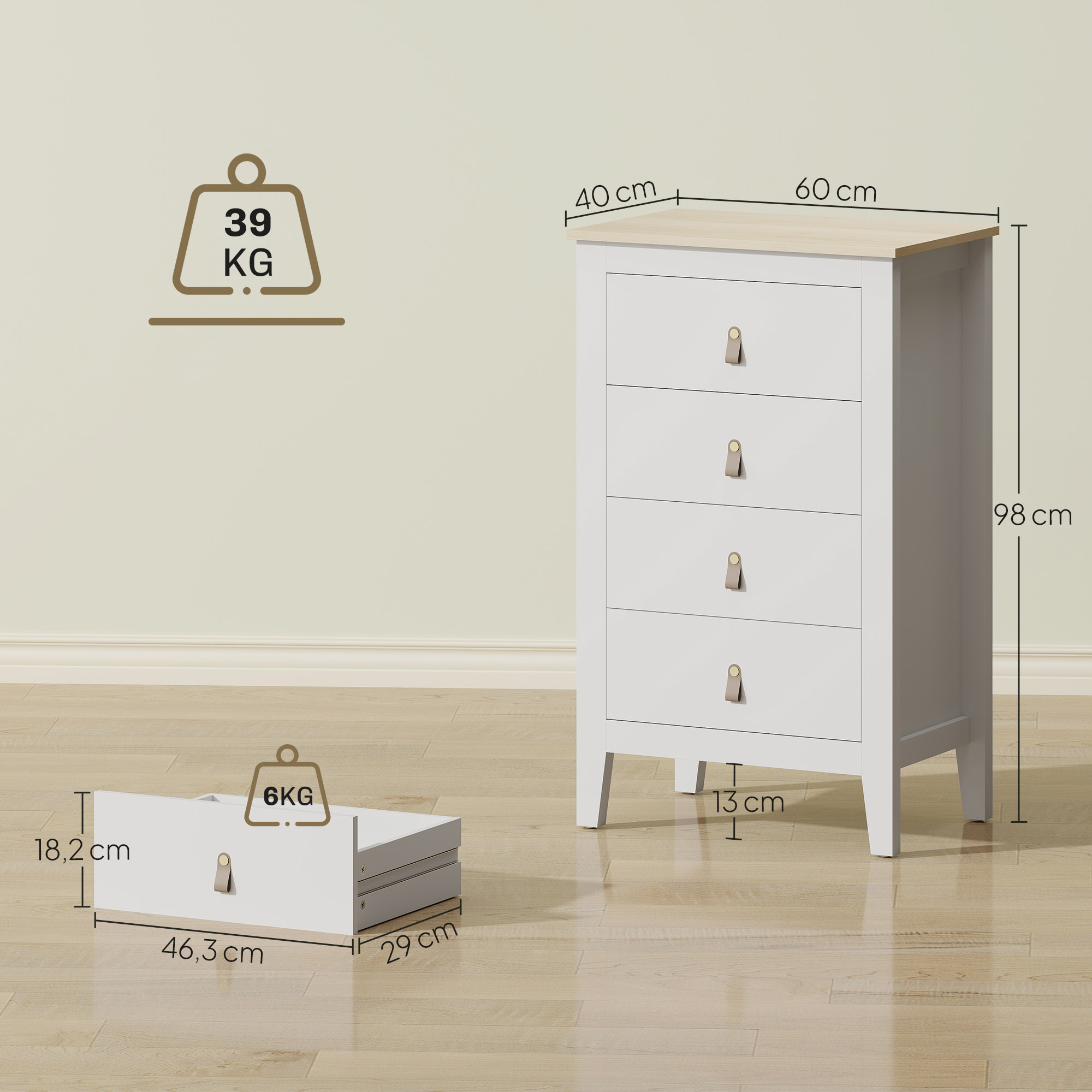 Chiffonnier 4 tiroirs sur pieds dim. 60 x 40 x 98 cm poignées PU métal doré blanc effet bois clair