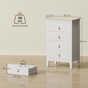 Chiffonnier 4 tiroirs sur pieds dim. 60 x 40 x 98 cm poignées PU métal doré blanc effet bois clair