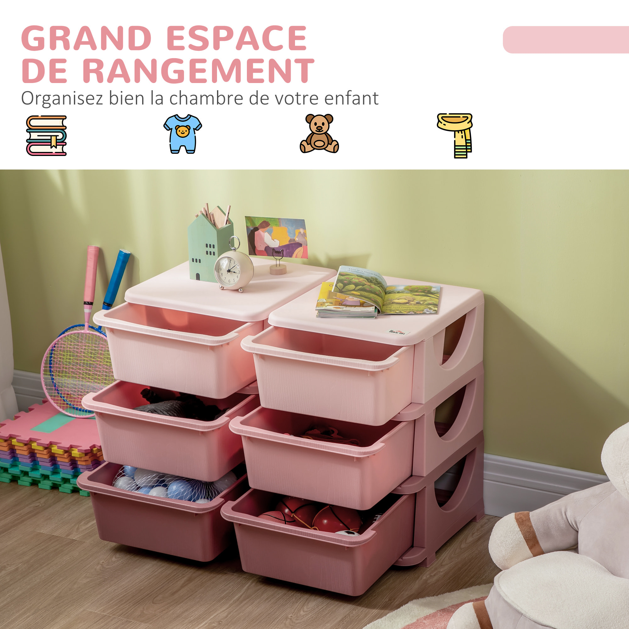 Organisateur de jouets enfant 6 tiroirs 3 niveaux rose