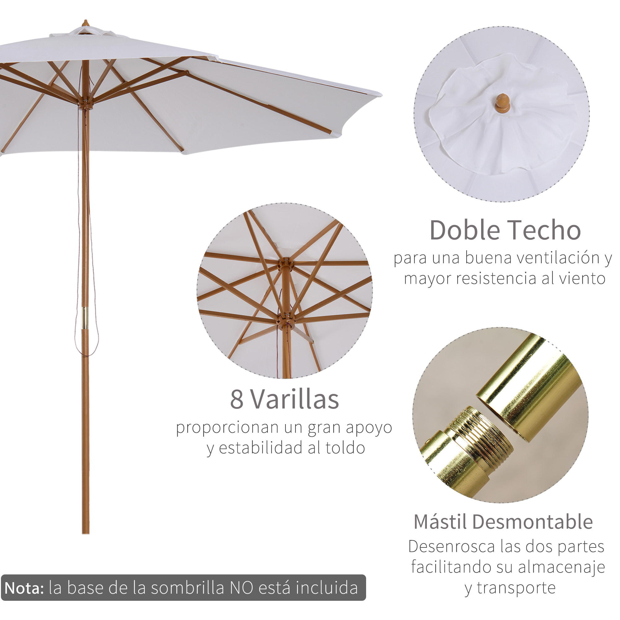 Sombrilla para Jardín de Poliéster Madera Φ3x2,5m Crema