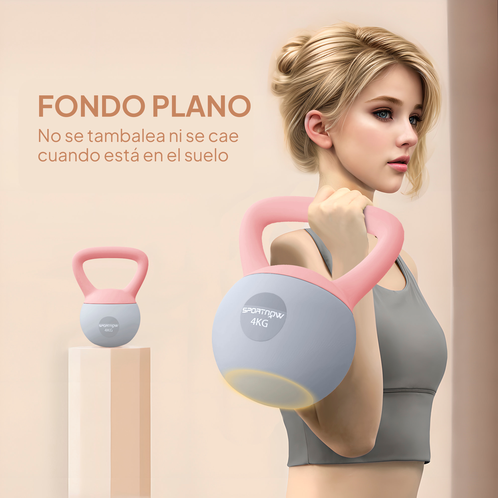 Pesa Rusa 4 kg, Soft Kettlebell Relleno de Arena Metálica y Mango Antideslizante, para Entrenamiento Culturismo, en Casa, Gimnasio, Rosa Palo y Gris