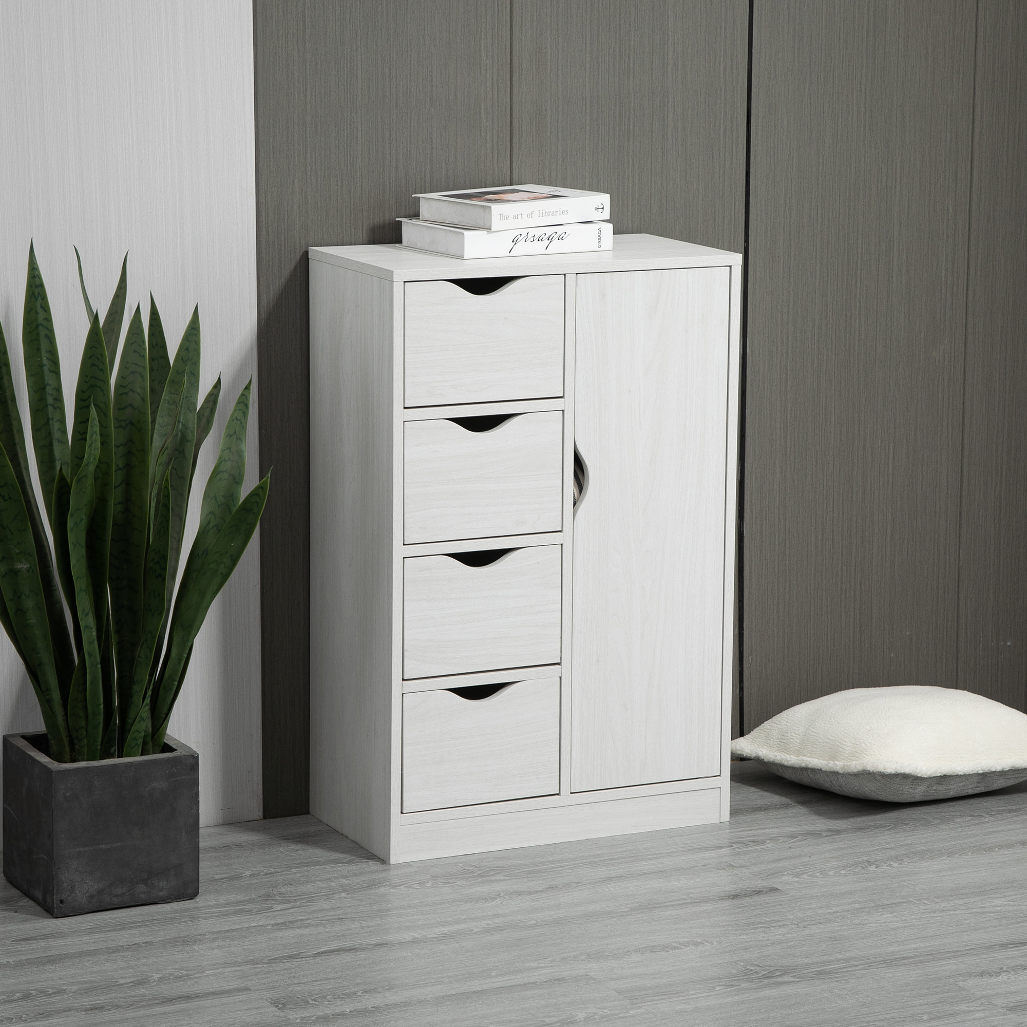 Armario de Salón Aparador Auxiliar con 4 Cajones 1 Puerta y Estante Interior Mueble de Almacenaje Multiusos para Baño Dormitorio Comedor 54x29x83 cm Blanco con Grano de Madera