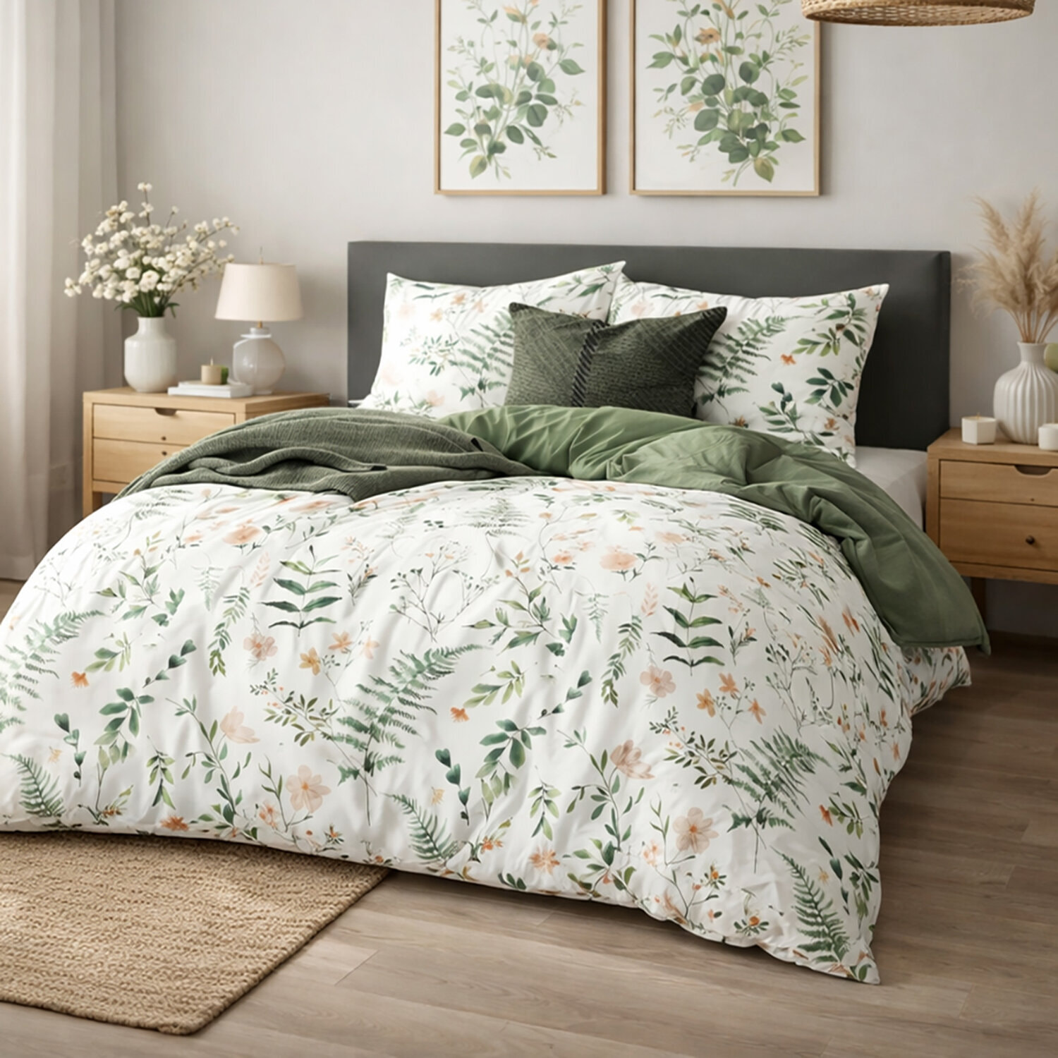 Parure housse de couette 100% coton - Lyken imprimé botanique vert
