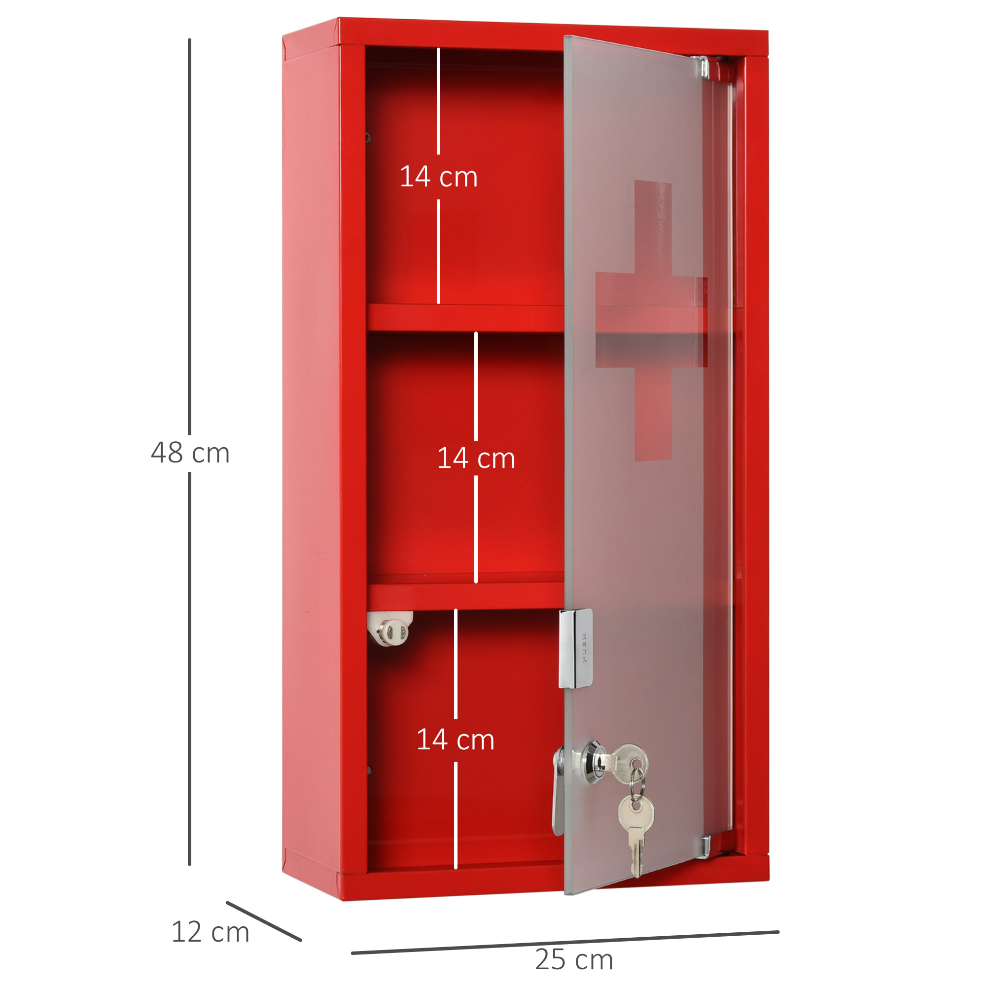 Armoire à pharmacie 2 étagères 3 niveaux verrouillable porte verre trempé dépoli logo croix 25L x 12l x 48H cm acier rouge