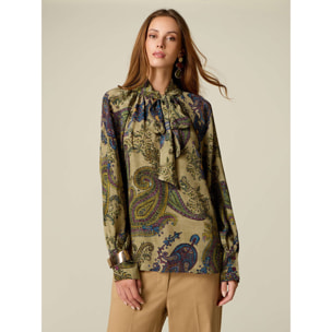 Oltre - Blusa fantasia con fiocco da annodare - Verde