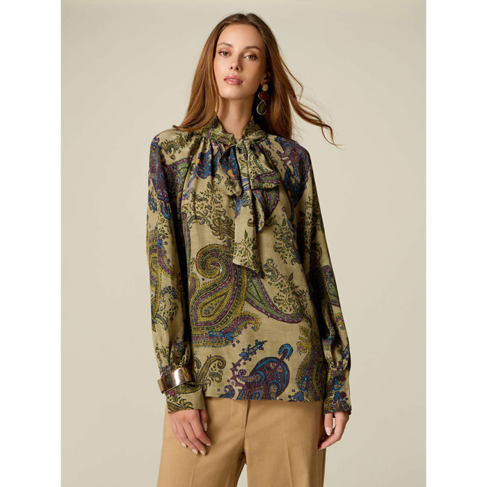 Oltre - Blusa fantasia con fiocco da annodare - Verde