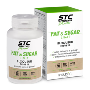 STC NUTRITION - Fat & Sugar Limit - Complément alimentaire à base de Nopal, Thé vert, Gymnema & Chitosan - Bloque les sucres et graisses - Favorise la satiété - Vegan - Cure 30 jours