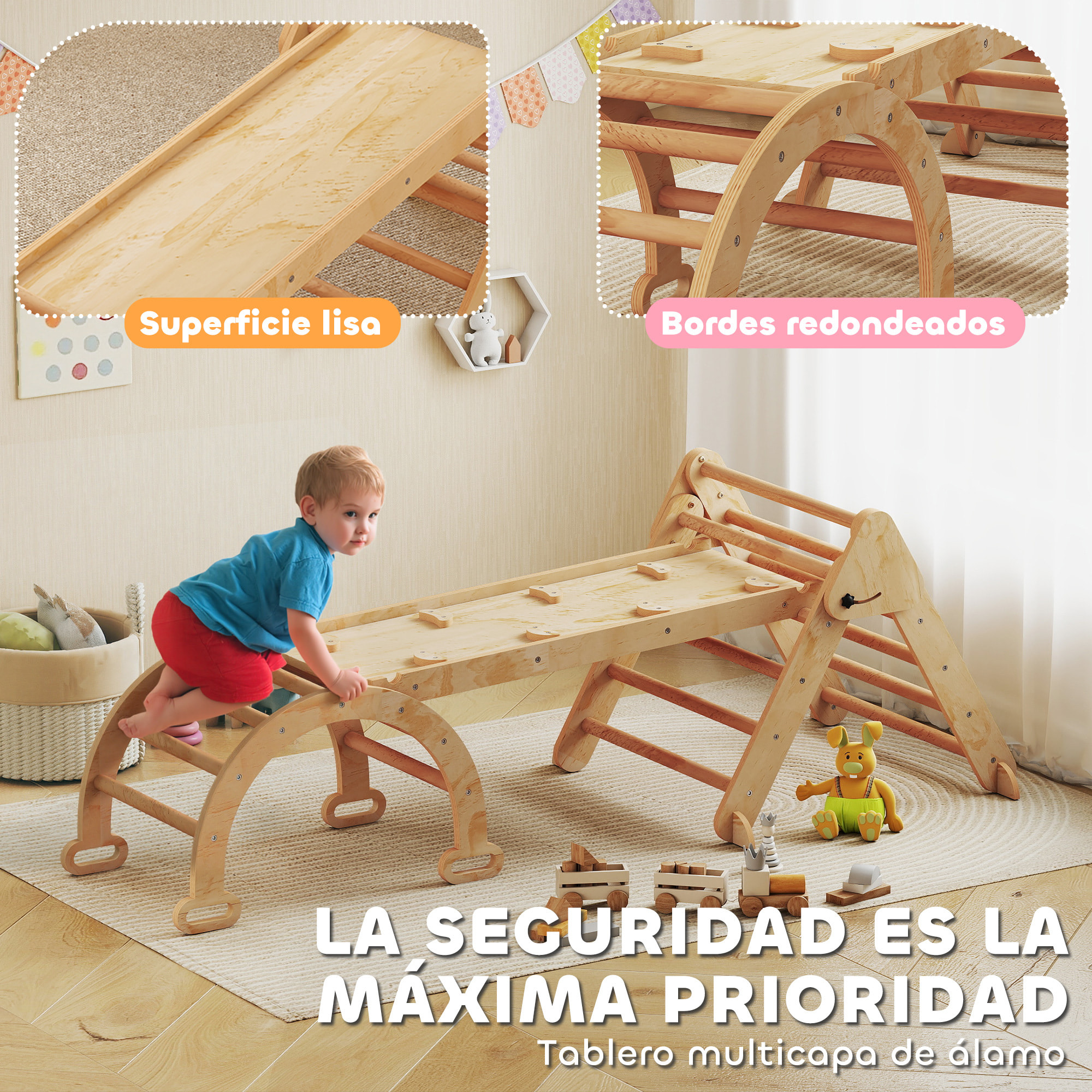 7 en 1 Triángulo de Escalada Montessori con Arco y Rampa, Escalada para Niños de Madera Plegable, para 18-48 Meses, para Deslizarse o Escalar, 188x70 cm, Natural