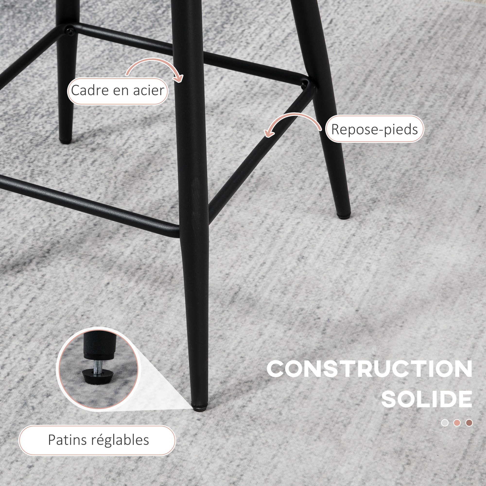 Lot de 2 tabourets de bar design contemporain - repose-pied - acier noir revêtement effet laine bouclée rose poudré