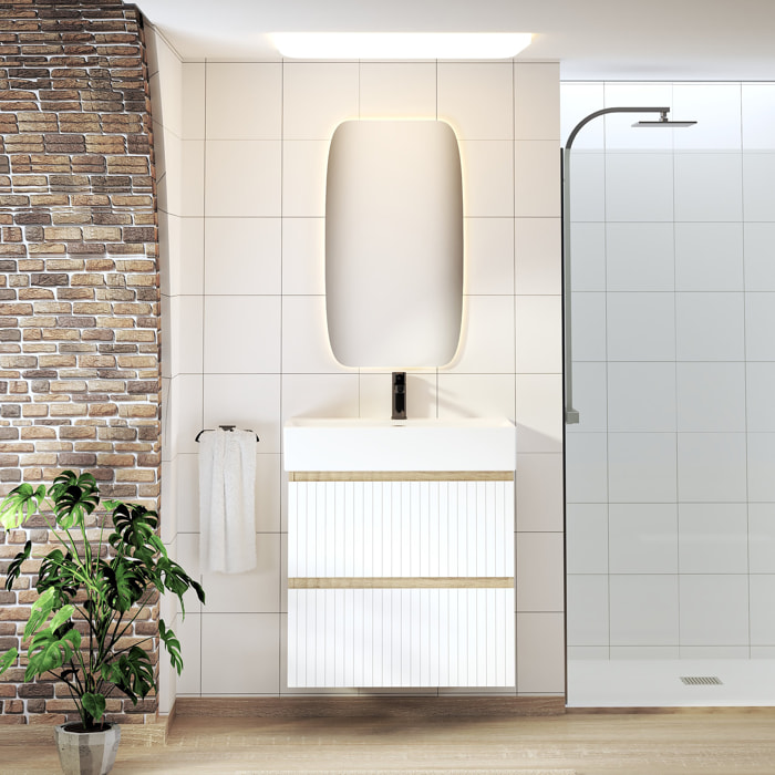 ENSEMBLE DE SALLE DE BAIN ZEL | MEUBLE SUSPENDU | 70 CM BLANC | DEUX TIROIRS | LAVABO ENCASTRÉ | MIROIR NON INCLUS | MEUBLE MONTÉ | ALDAY