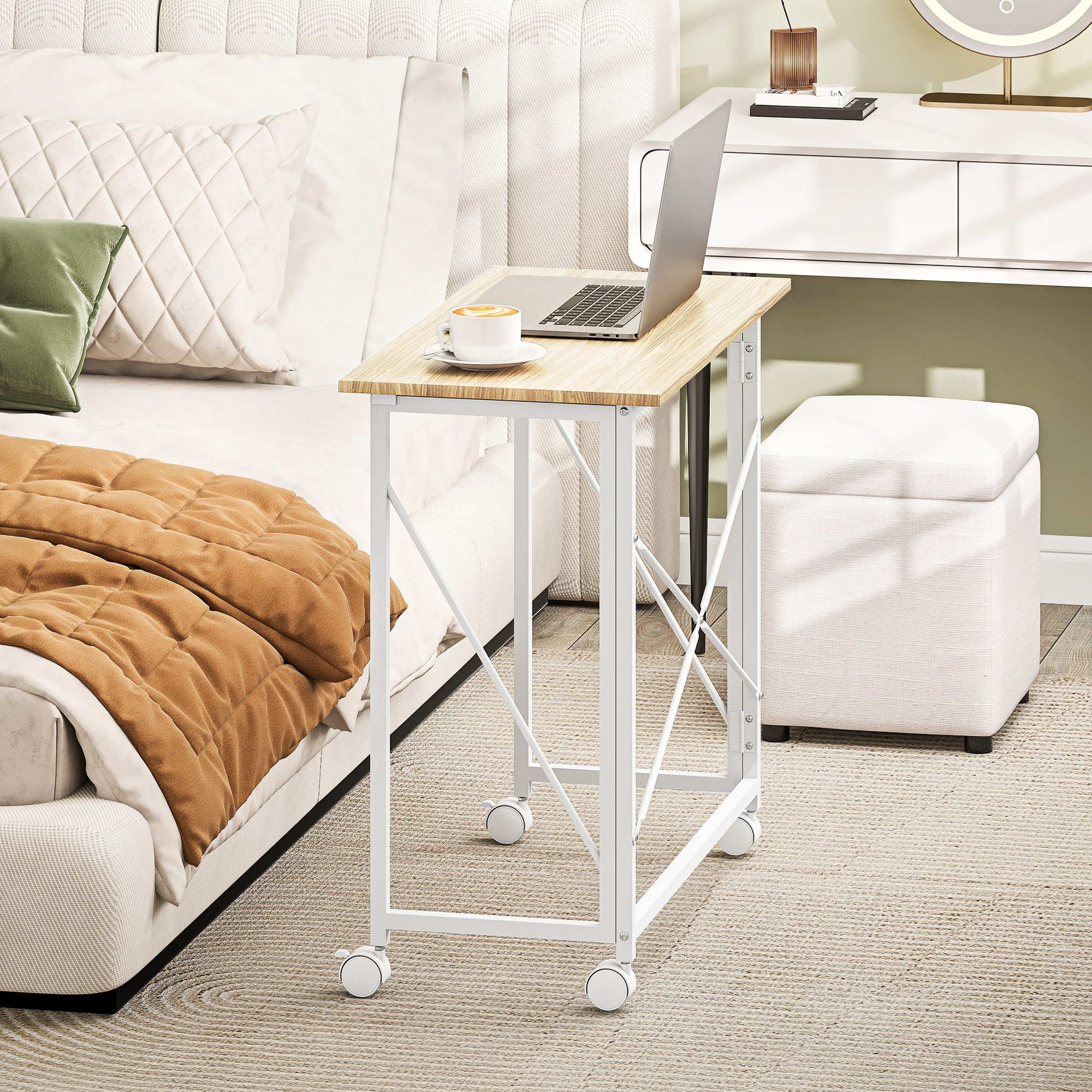 Bureau pliable à roulettes dim. 80x40cm acier blanc effet chêne clair
