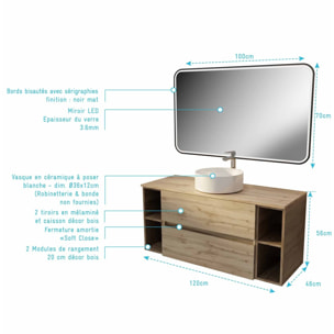 Meuble de salle de bains 120 TIMBER Décor Chêne 2 tiroirs - Vasque blanche à poser Miroir LED 100x70