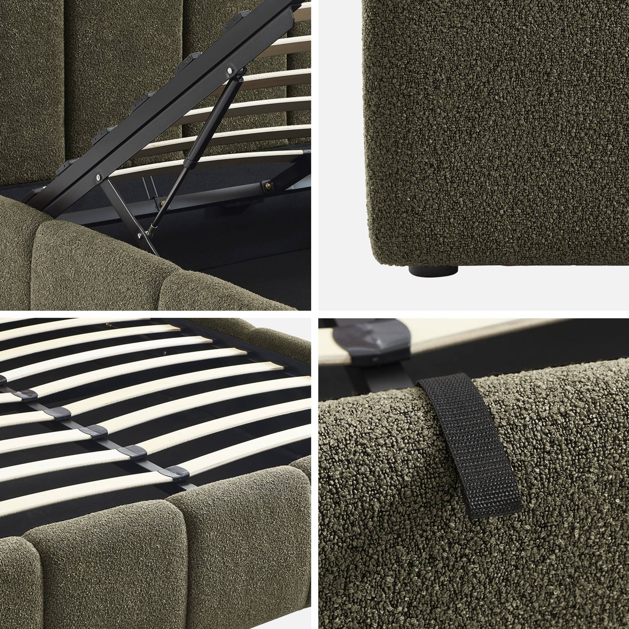 Lit coffre double avec sommier à lattes et tête de lit kaki finition bouclette texturée 140x190cm- Lex