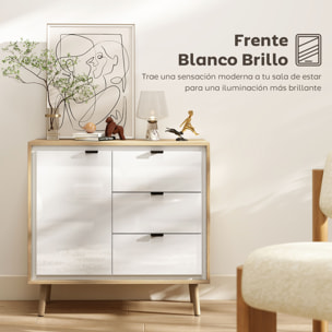 Aparador de 1 Puerta, Aparador de Salón Moderno con 3 Cajones, Estante Ajustable y Patas de Madera, para Cocina, Entrada, Dormitorio, 80x35x77 cm, Blanco Brillo y Roble