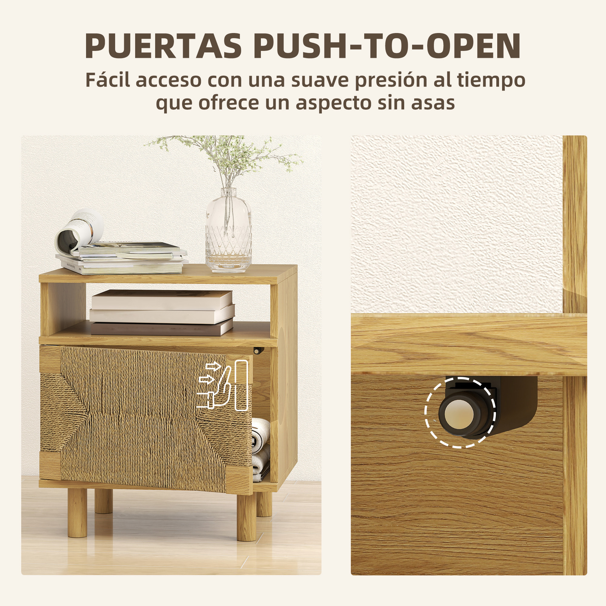 Mesita de Noche Bohemio con Puerta de Cuerda de Papel, Mesilla de Noche con Estante Abierto, Patas de Madera y Apertura por Presión, Mesa Auxiliar para Dormitorio, Salón, 45x39x50 cm, Roble