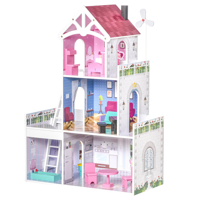Maison de poupée 3 étages jeu d'imitation grand réalisme multi-équipements MDF rose