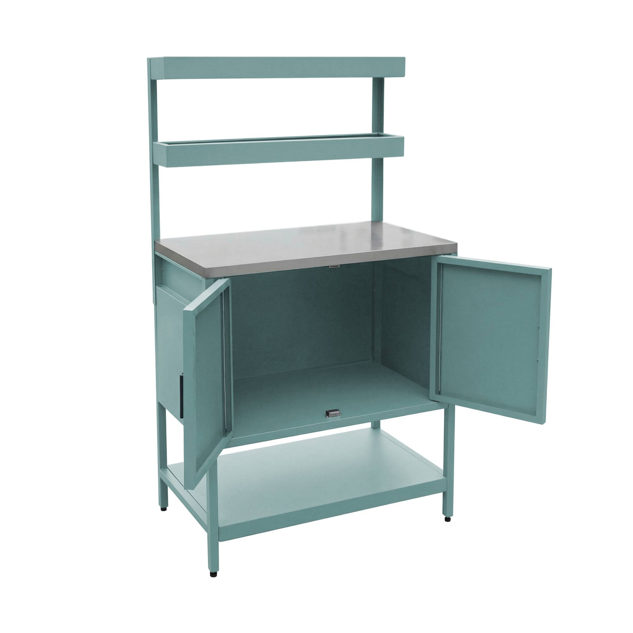 Cuisine d'extérieure en acier bleu gris avec 2 étagères suspendues et 2 portes L80cm