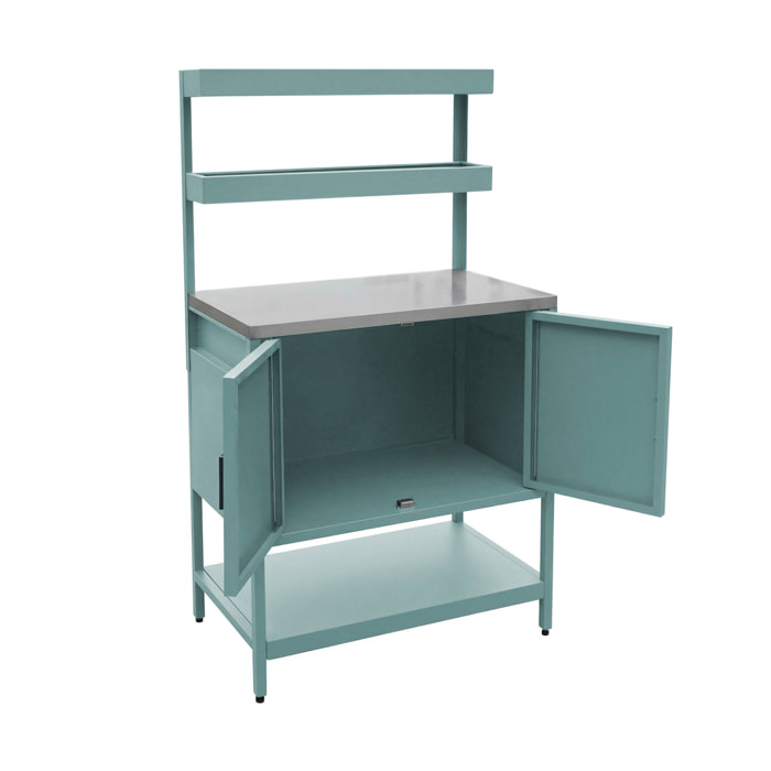 Cuisine d'extérieure en acier bleu gris avec 2 étagères suspendues et 2 portes L80cm