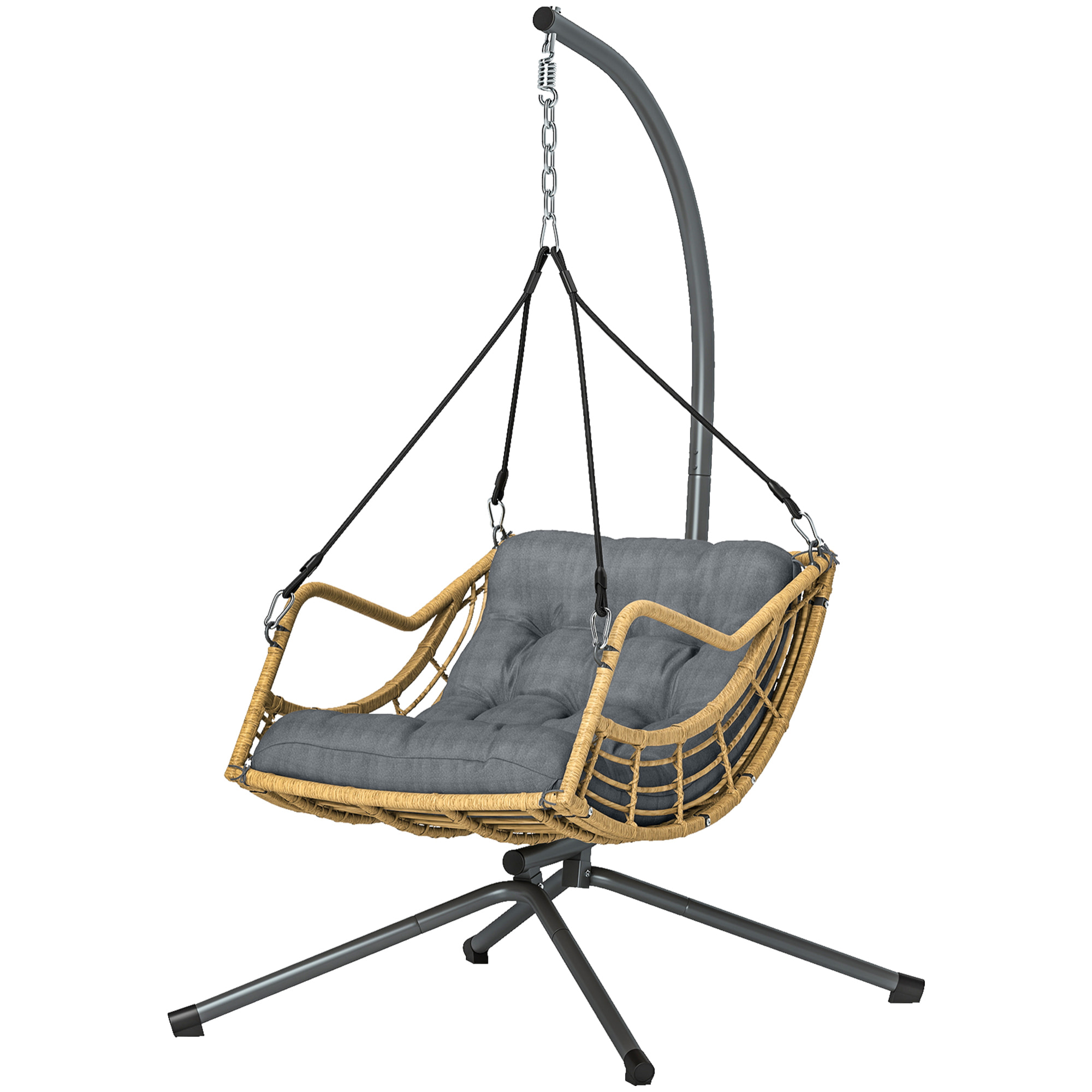 Fauteuil suspendu design résine tressée avec support acier et épais coussin gris
